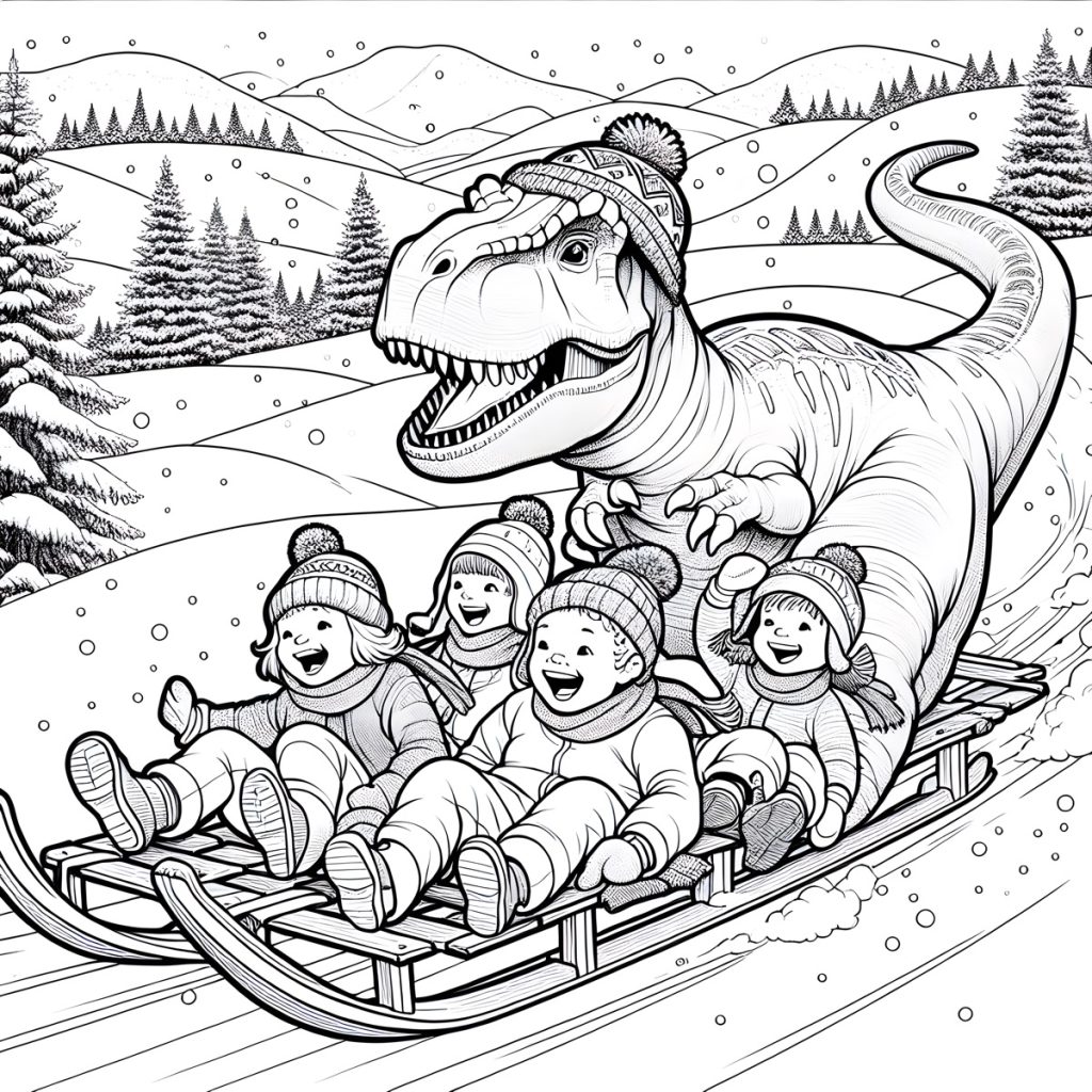 t-rex on a toboggan with kids - coloring page